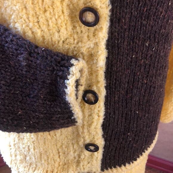 HAND KNIT WOOL 2 PIECE SET CARDIGAN MAXI SKIRT MUSTARD CHOCOLATE BROWN LUREX - Picture 10 of 13